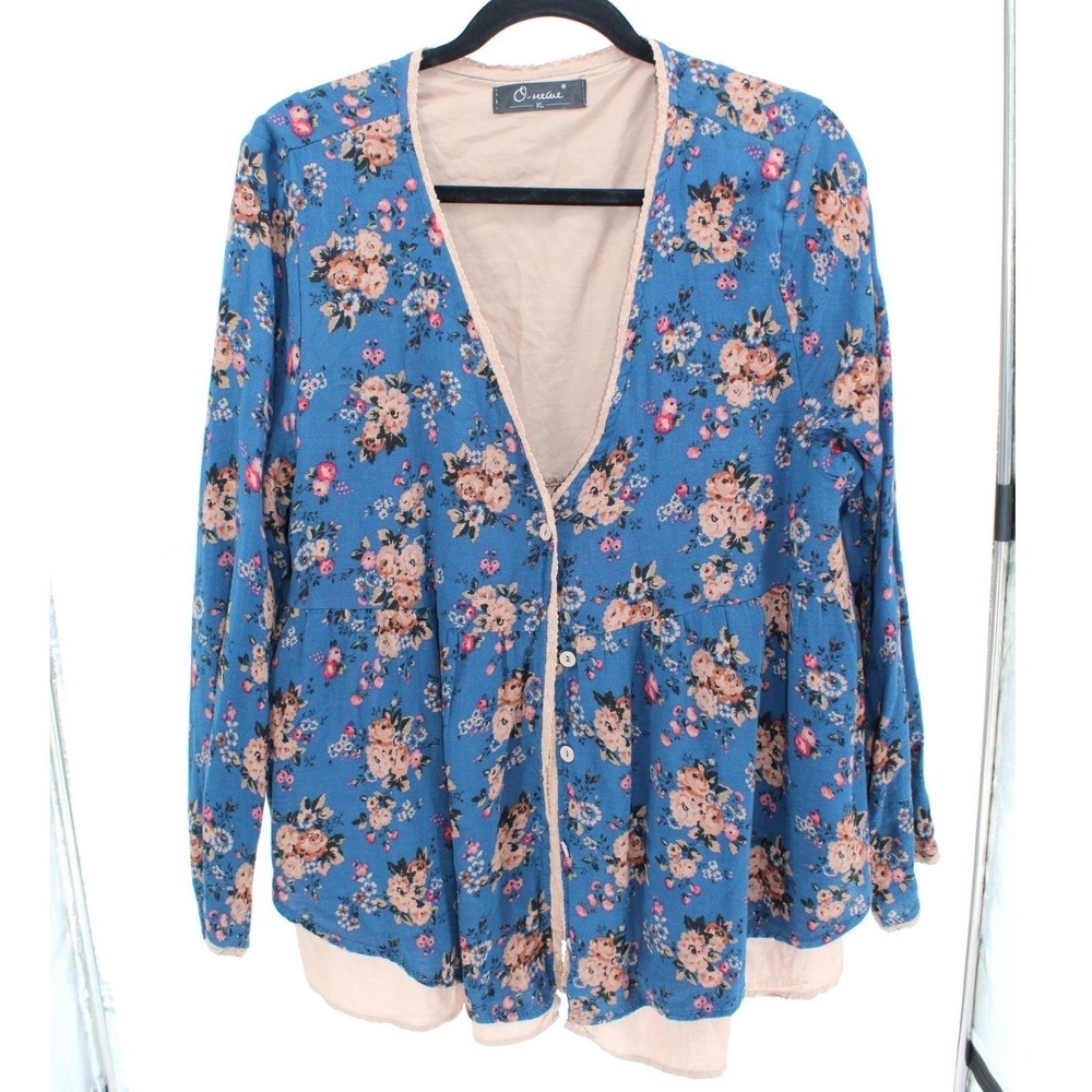 Oneine New Elegance XL $78 Blue Pink‎ Floral Button Layered Peplum Cardigan Top